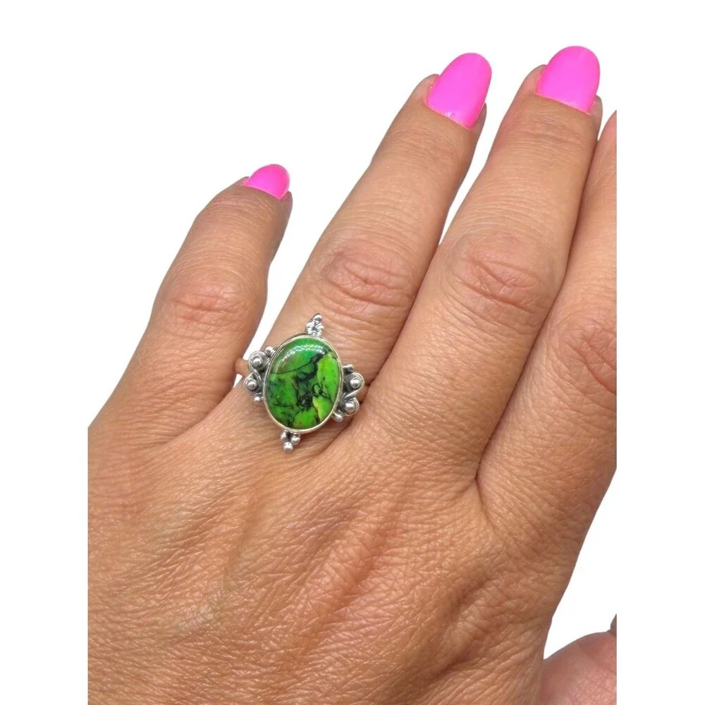 Green Matrix Turquoise Ring Size 8.5 Solid 925 Sterling Silver